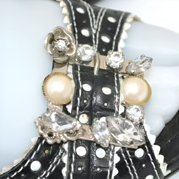 Le Silla Luxury Designer Black Leather Open Toe Crystal & Pearl Heels 38.5 8.5 - Picture 6 of 12